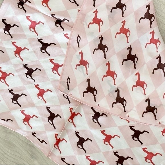WINSLY Pink Brown Equestrian Horse Print 100% Silk Square Scarf 20” X 20” - Picture 5 of 7